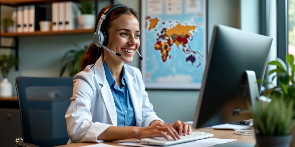 Virtual receptionist assisting clients in a medical office.