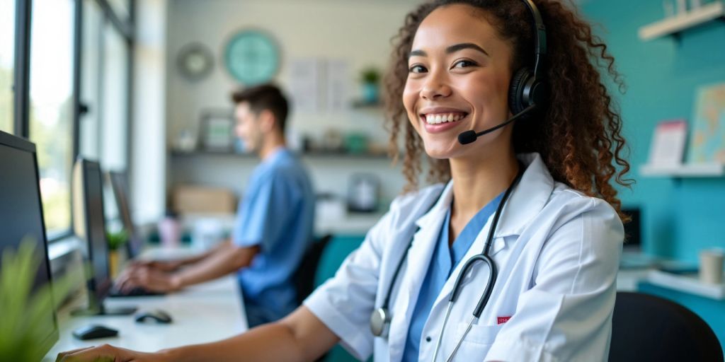 Virtual medical receptionist assisting patients at a desk.