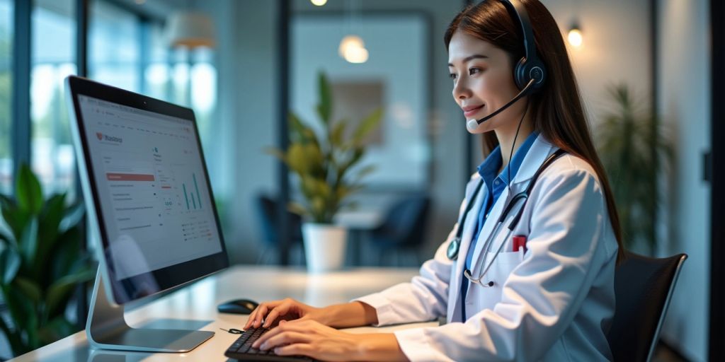 Virtual receptionist in a modern medical office setting.