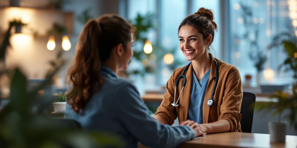 Virtual medical receptionist assisting patients via computer.