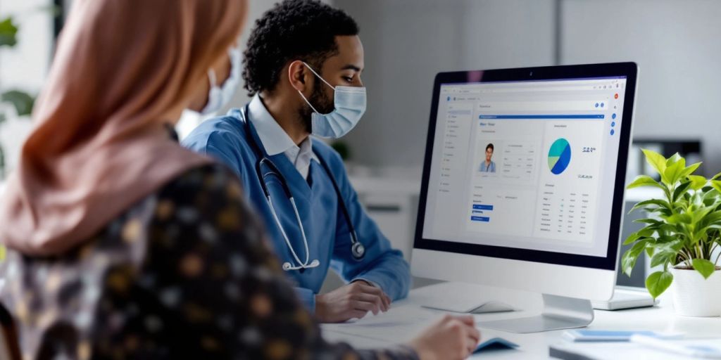 Healthcare worker reviewing files in a medical office.