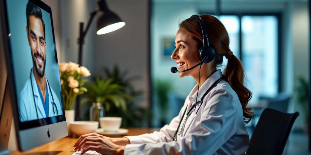 Virtual medical receptionist assisting a patient via video call.