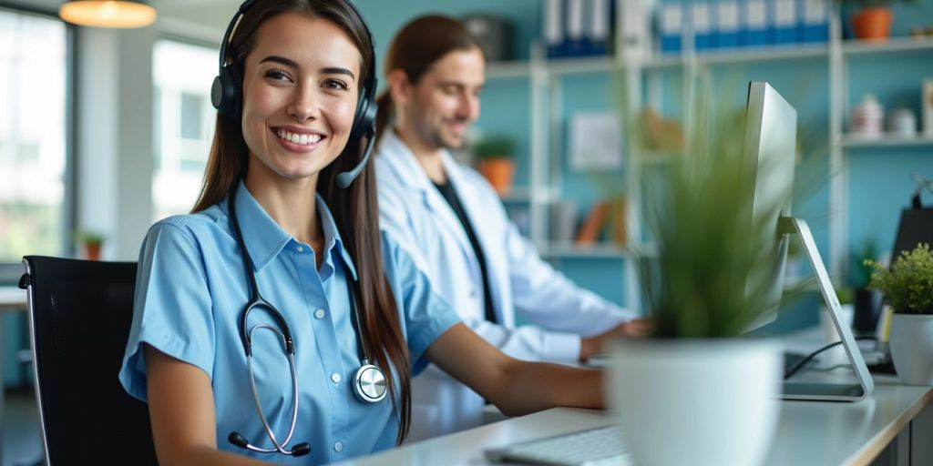 Virtual medical receptionist assisting patients at a desk.