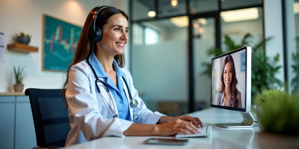 Virtual medical receptionist assisting a patient via video call.