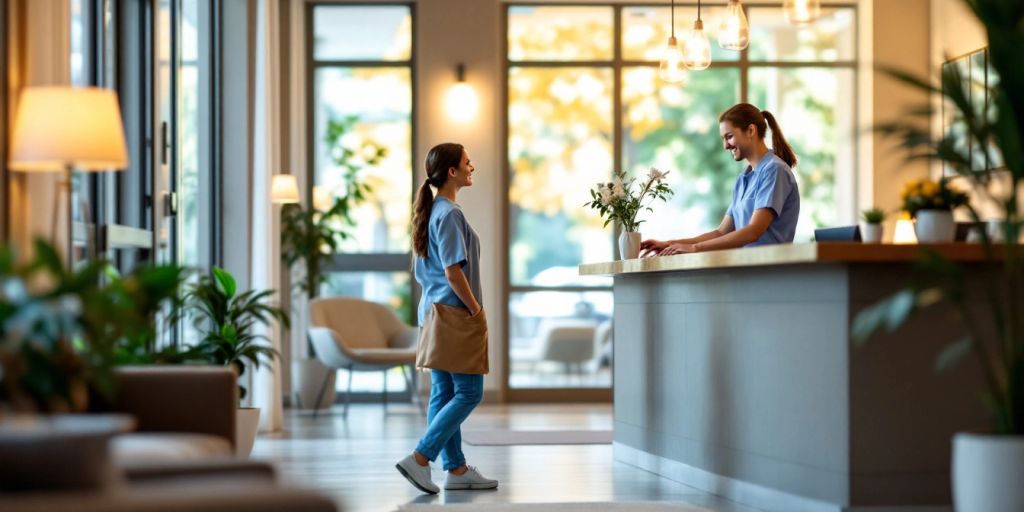 Friendly receptionist assisting a patient in a welcoming reception area.