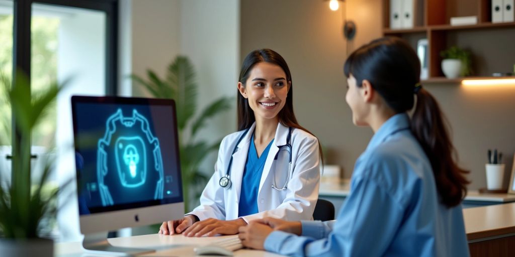 Virtual medical receptionist assisting patients via computer.