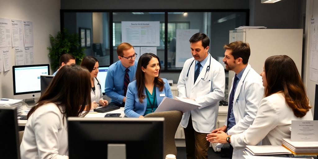 Medical billing team collaborating in a modern office setting.