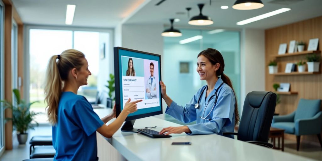 Medical receptionist using virtual assistant technology.