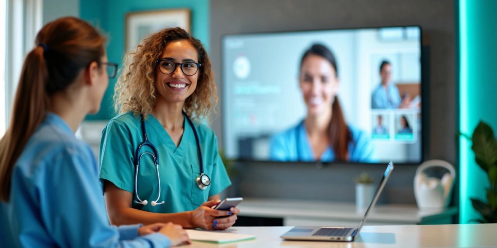 Healthcare reception with virtual assistant and friendly staff.