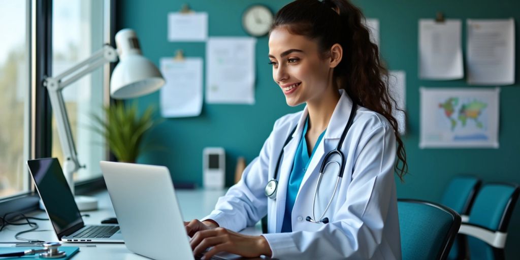 Medical virtual assistant working in a modern office.