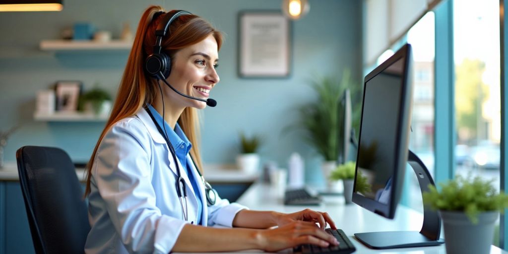 Virtual medical receptionist working at a modern desk.