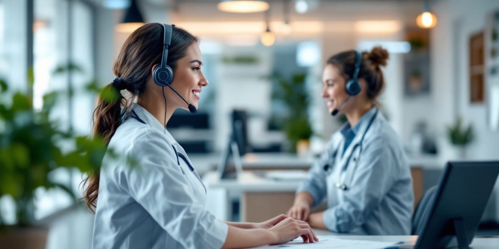 Virtual medical receptionist at a modern office desk.