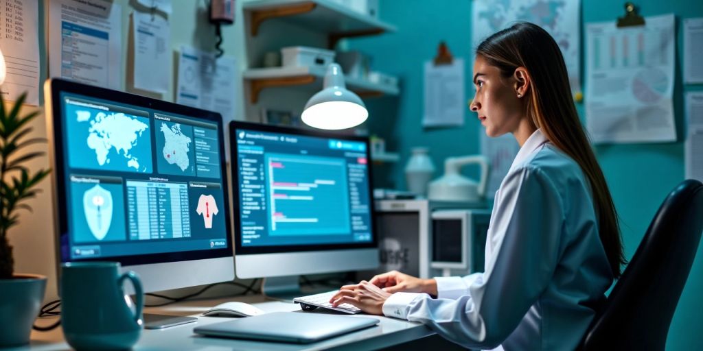 Virtual medical assistant working in a modern office.