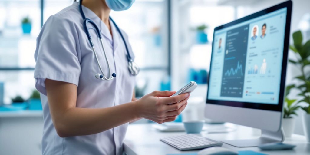 Medical professional using a virtual assistant in a clinic.